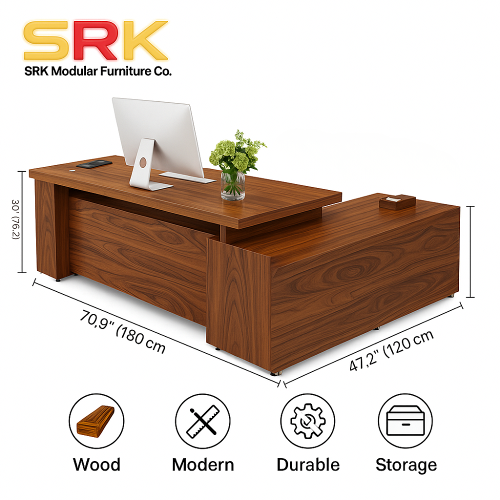 Executive Wooden Office Desk | L-Shaped Director Table with Side Return Storage | SRK Modular Furniture