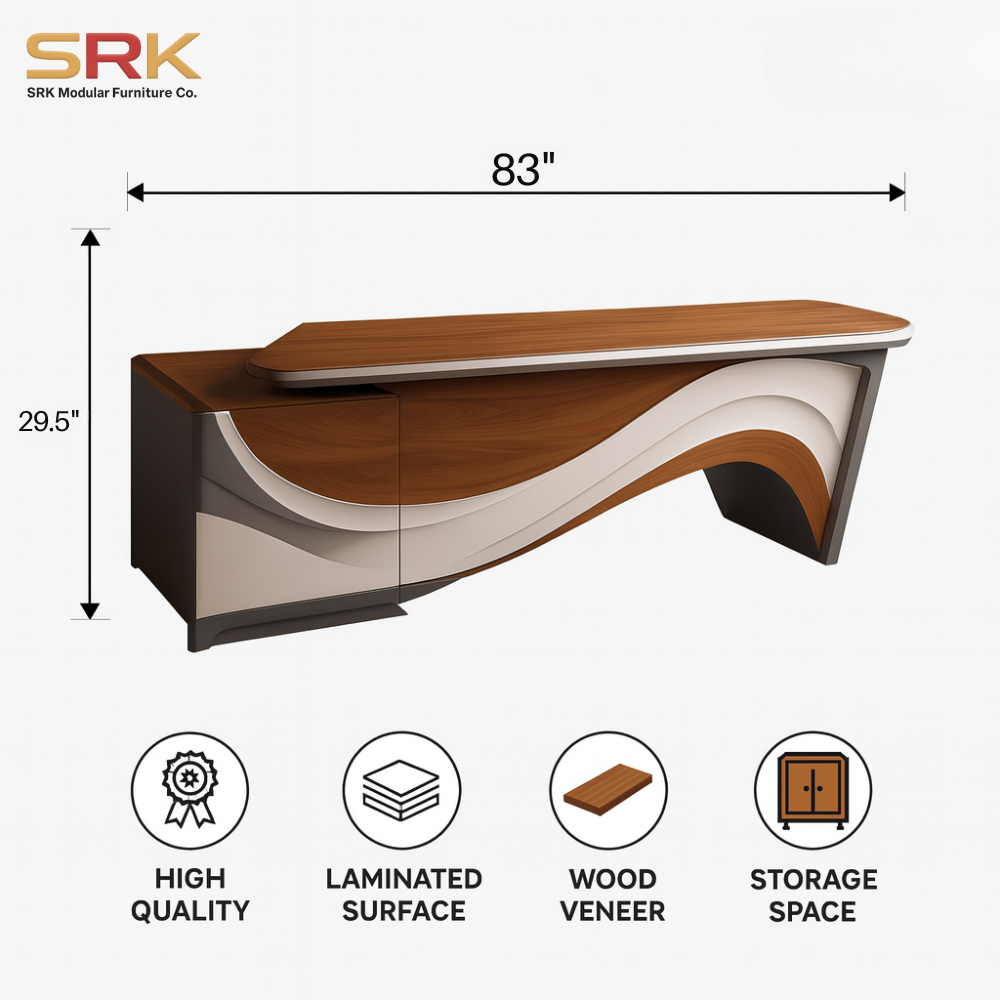 Premium Executive Office Desk | Wave Design Table with Gloss Finish & Storage | SRK Modular Furniture