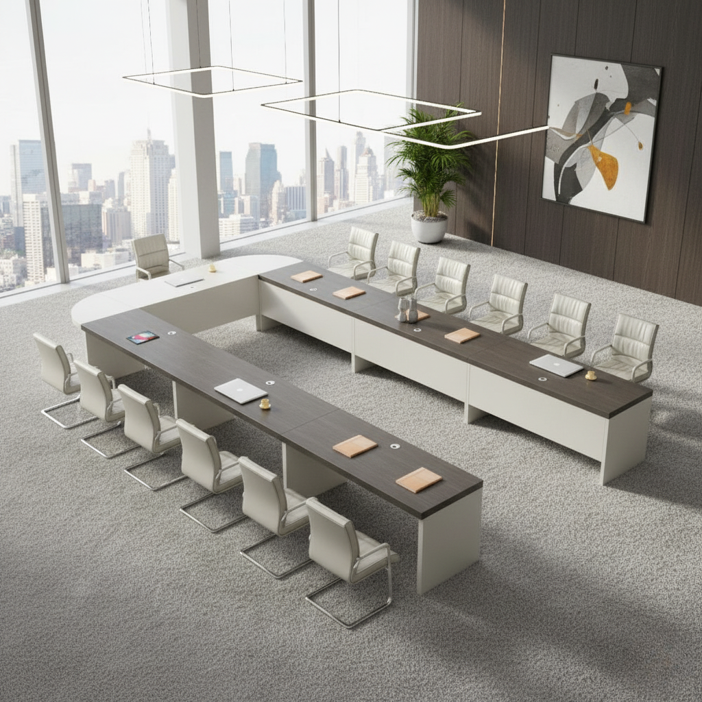 U-Shaped Executive Conference Table | Dual-Tone Grey & White Boardroom Setup | SRK Modular Furniture
