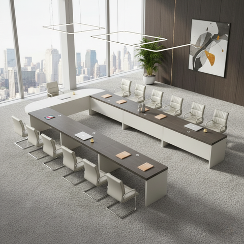 U-Shaped Executive Conference Table | Dual-Tone Grey & White Boardroom Setup | SRK Modular Furniture