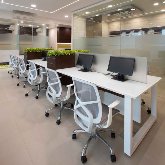8-Seater White Modern Office Workstation | Premium Modular Desk with Planter Divider | SRK Modular Furniture