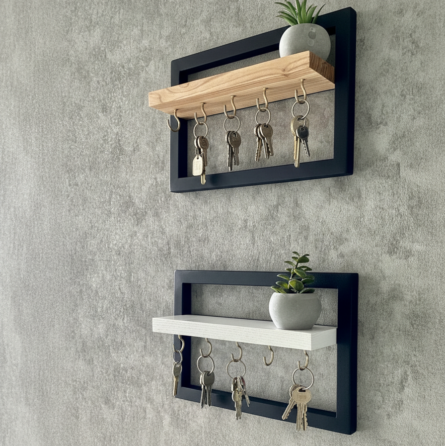Modern Wall Key Holder Shelf Set | Dual Wooden & Metal Frame Key Organizer | Theom Living