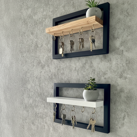 Modern Wall Key Holder Shelf Set | Dual Wooden & Metal Frame Key Organizer | Theom Living