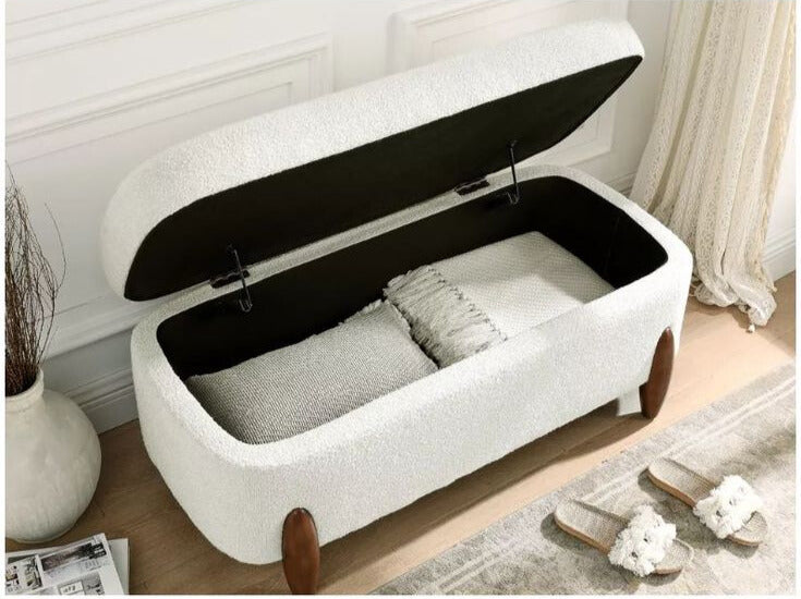Bouclé Storage Ottoman Bench | Cream Upholstered Seating with Wooden Legs | Theom Living