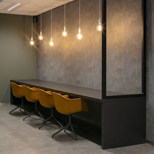 4-Seater Minimal Bar-Style Workstation | Black Counter Desk with Mustard Chairs | Modern Office & Café Setup by SRK Furniture