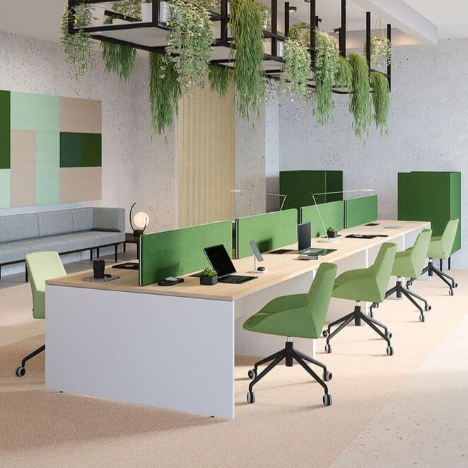 8-Seater Green Modular Office Workstation | Dual Cluster Desk with Biophilic Hanging Planters | SRK Modular Furniture