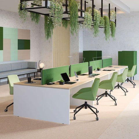 8-Seater Green Modular Office Workstation | Dual Cluster Desk with Biophilic Hanging Planters | SRK Modular Furniture
