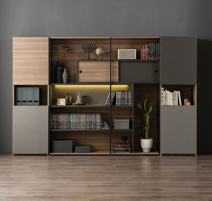 The Aethel Executive Wide Display & Storage Unit | Modern Bookcase with Integrated LED and Sliding Door | Dark Walnut Finish