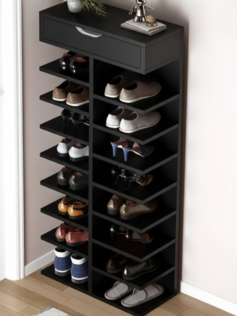 Modern 12-Tier Wooden Shoe Rack with Drawer | Space-Saving Organizer | Theom Living