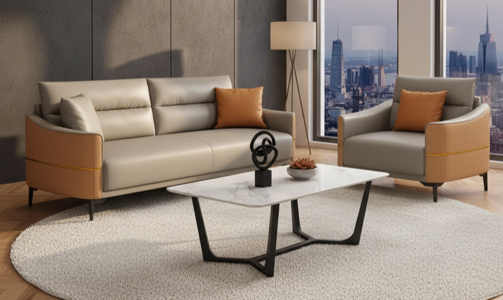 The “Aurelia Duo-Tone” Sofa Set | Premium Leatherette 3+1+1 Seater with Marble-Top Center Table