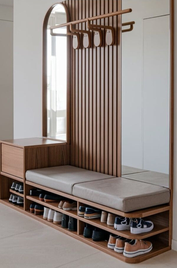 Luxury Wooden Foyer Unit with Seating & Shoe Storage | Entryway Organizer with Mirror | Theom Living