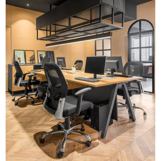 Modern 6-Seater Executive Office Workstation | Teak Finish Desk with Black Frame | Premium Modular Office Furniture by SRK Furniture
