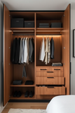 Linea Wardrobe with Drawer Storage & LED Hanging Section | Walnut Wood Finish | SRK Modular Furniture