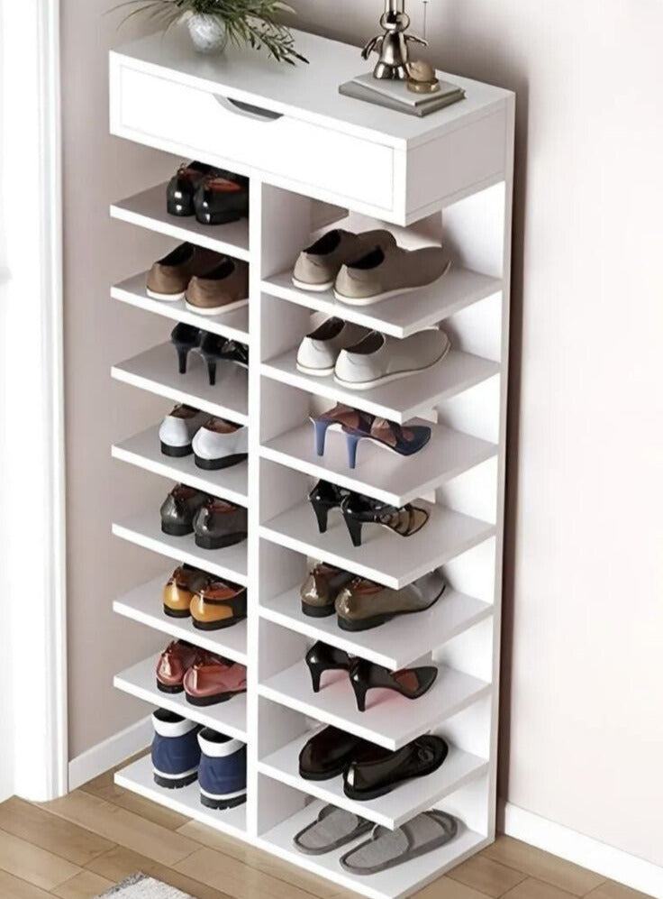 Modern 12-Tier Wooden Shoe Rack with Drawer | Space-Saving Organizer | Theom Living