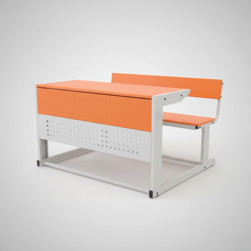 Dual Seater Modern Classroom Desk | Orange & White Metal Frame School Bench | SRK Modular Furniture