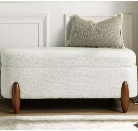 Bouclé Storage Ottoman Bench | Cream Upholstered Seating with Wooden Legs | Theom Living
