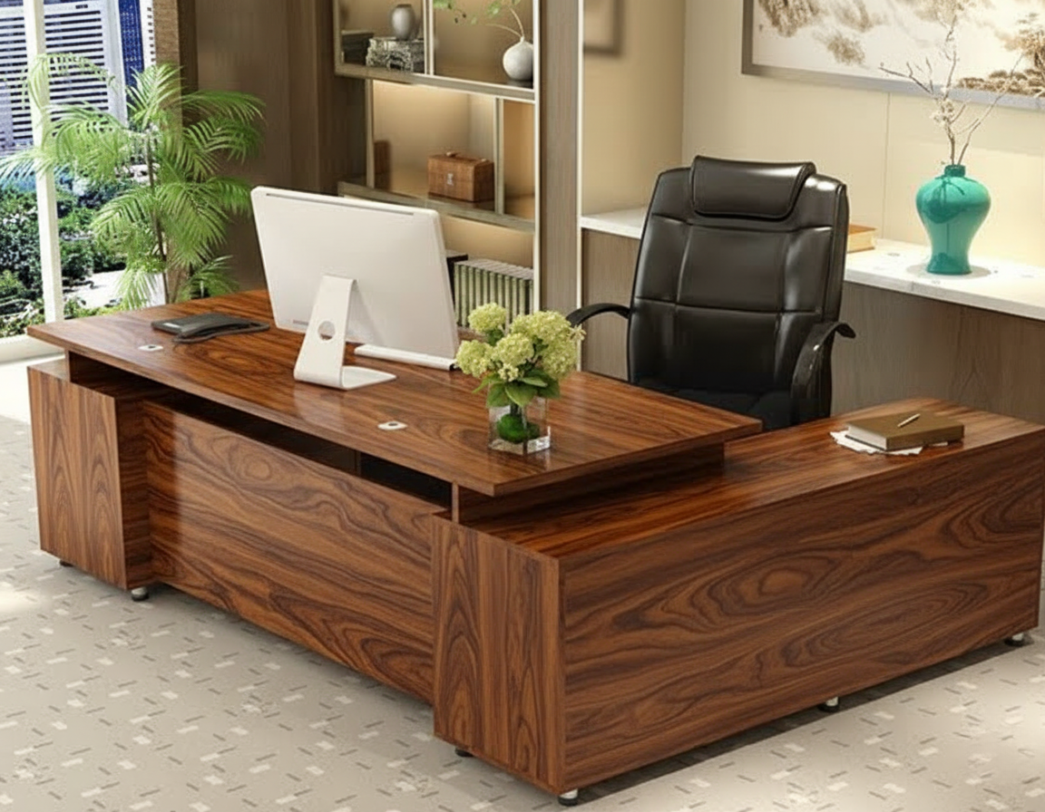 Executive Wooden Office Desk | L-Shaped Director Table with Side Return Storage | SRK Modular Furniture