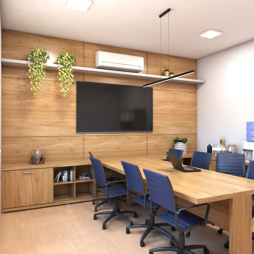 8-Seater Conference & Meeting Table | Teak Finish Boardroom Desk with Blue Chairs | SRK Modular Furniture