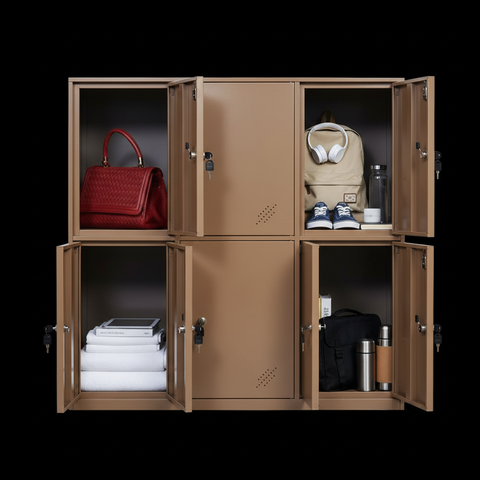 Compact Metal Locker | 6-Door Personal Storage Cabinet (Tan / Black Finish) | SRK Modular Furniture