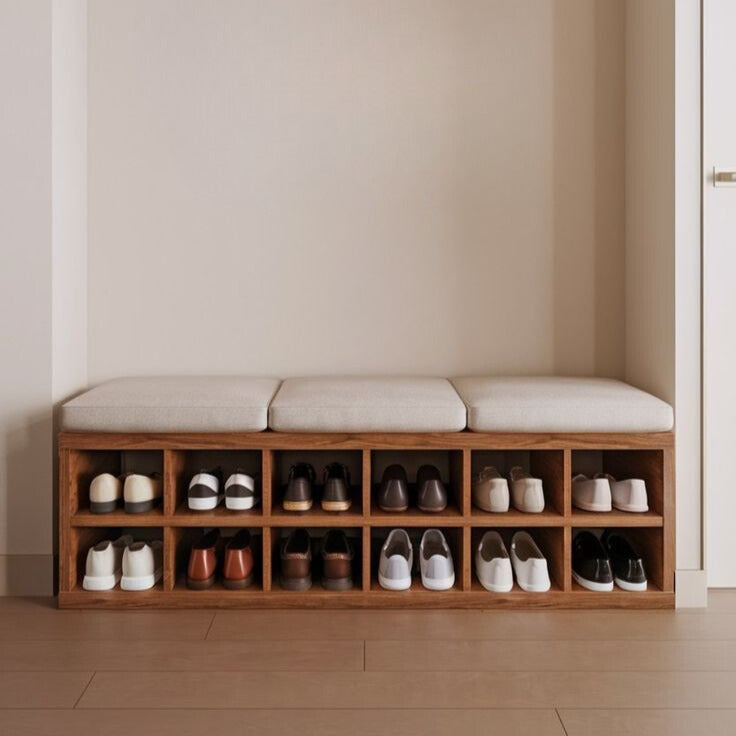 Wooden Shoe Rack Bench with Cushion Seat | 12-Pair Storage Organizer | Theom Living