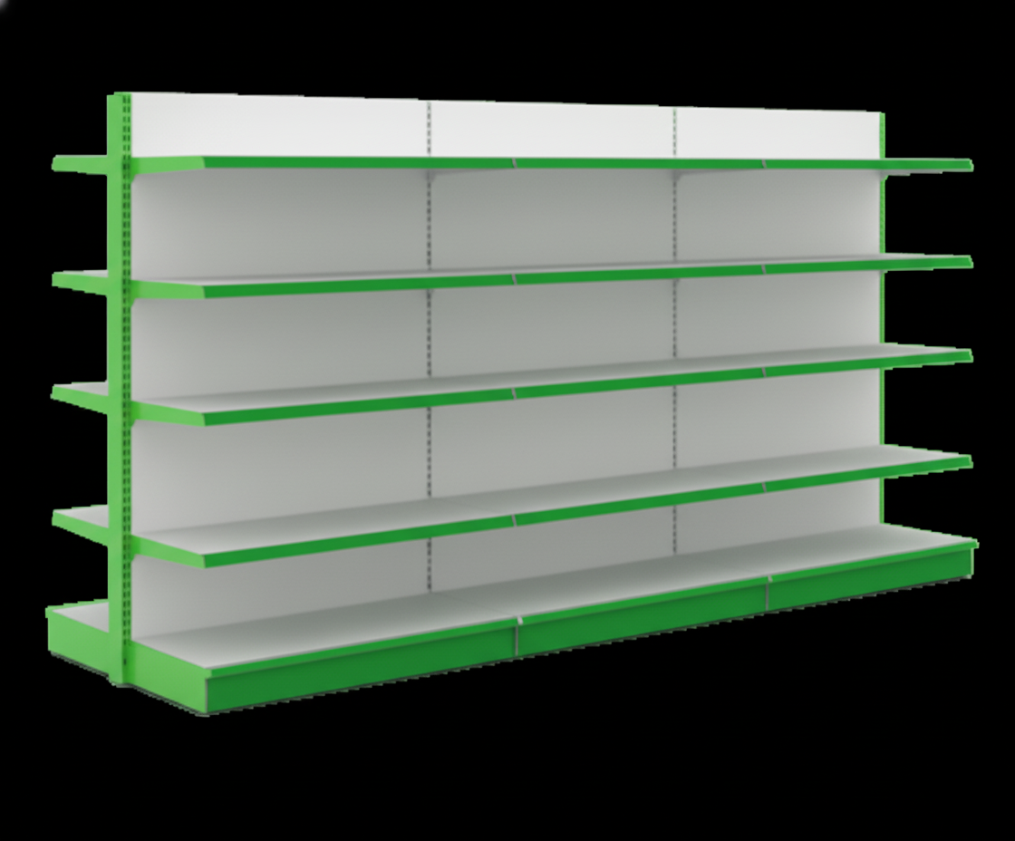 Double-Sided Supermarket Display Rack | 5-Tier Green Gondola Shelving Unit | SRK Modular Furniture
