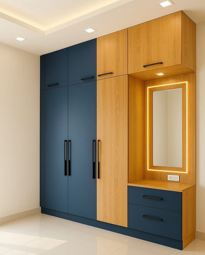 Luminex Modular Wardrobe with Dressing Mirror | Matte Black & Natural Oak Finish | SRK Modular Furniture