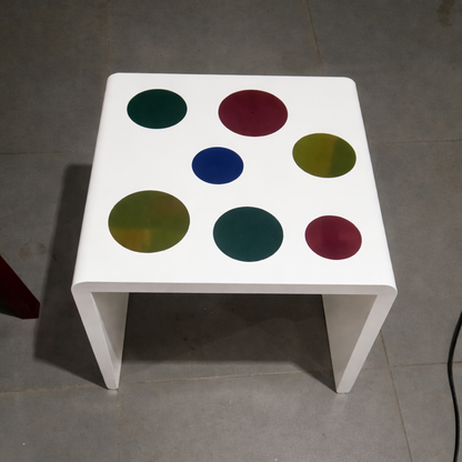 Modern White Accent Table with Multi-Color Dot Inlay | Designer Side Table for Living Room & Kids Space