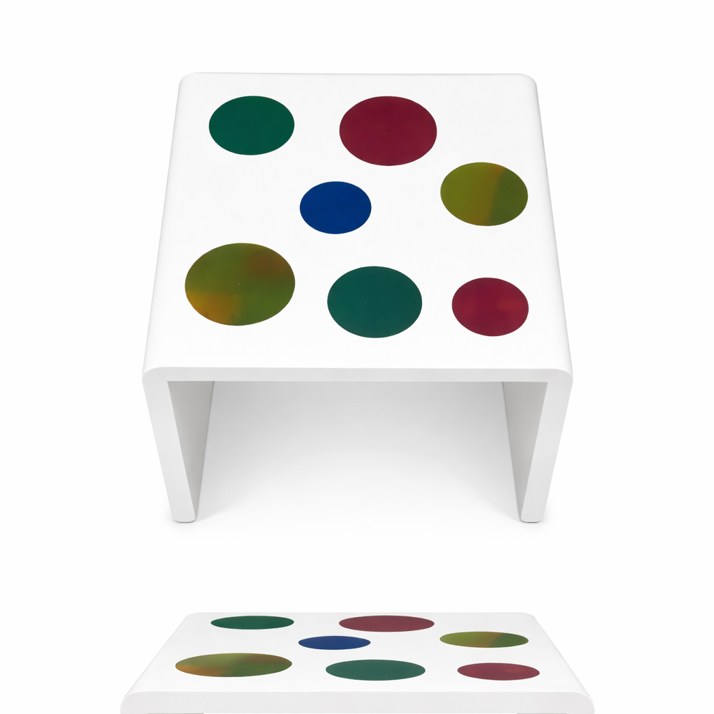 Modern White Accent Table with Multi-Color Dot Inlay | Designer Side Table for Living Room & Kids Space