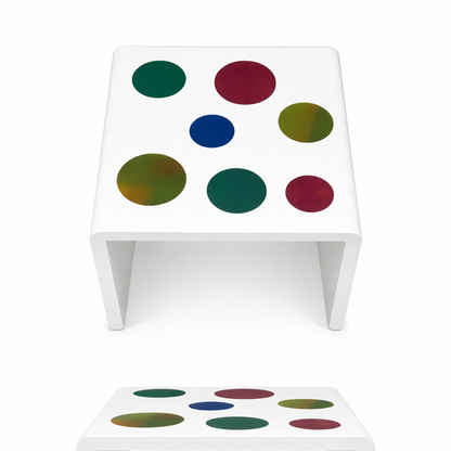 Modern White Accent Table with Multi-Color Dot Inlay | Designer Side Table for Living Room & Kids Space