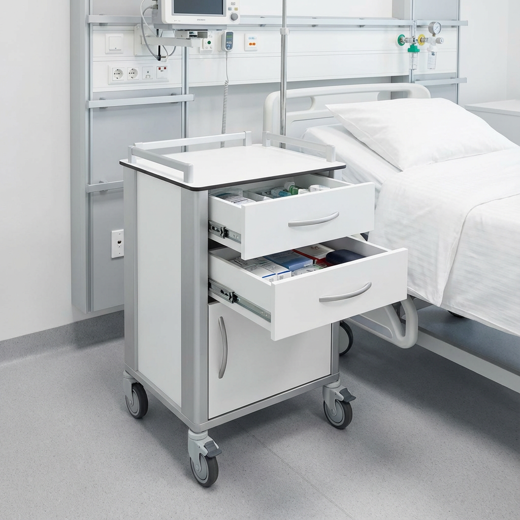 Hospital Bedside Cabinet with Wheels | Medical Storage Trolley | SRK Modular Furniture