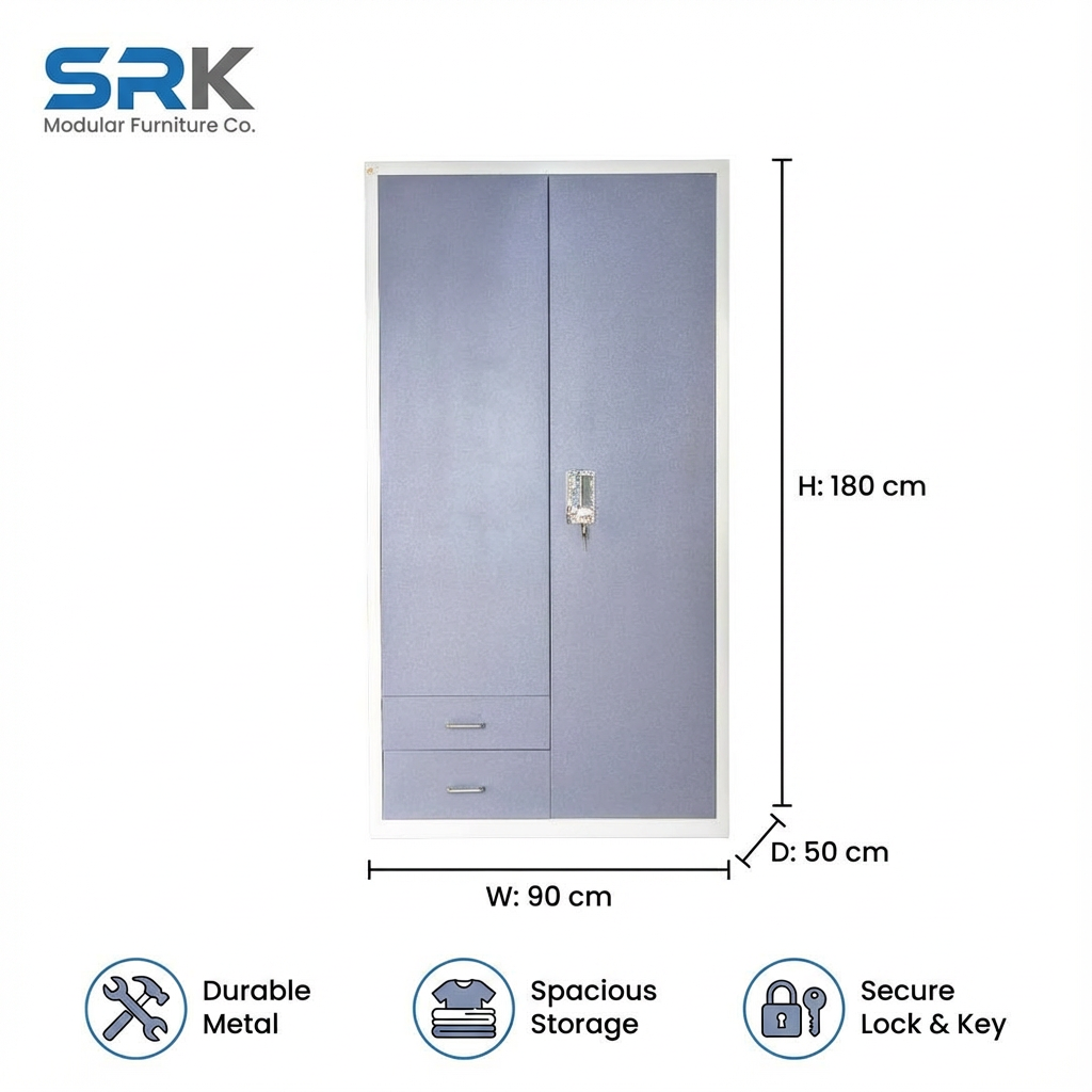 2-Door Blue Metal Almirah | Office & Industrial Steel Locker Cabinet | SRK Modular Furniture