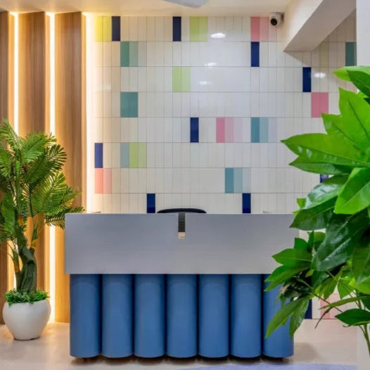 Contemporary Reception Counter – Dual Tone White & Blue with Curved Front Design | SRK Modular Furniture Co.