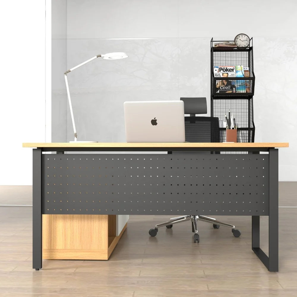 Modern Staff Workstation Desk – Oak & Black Metal Frame | SRK Modular Furniture Co.