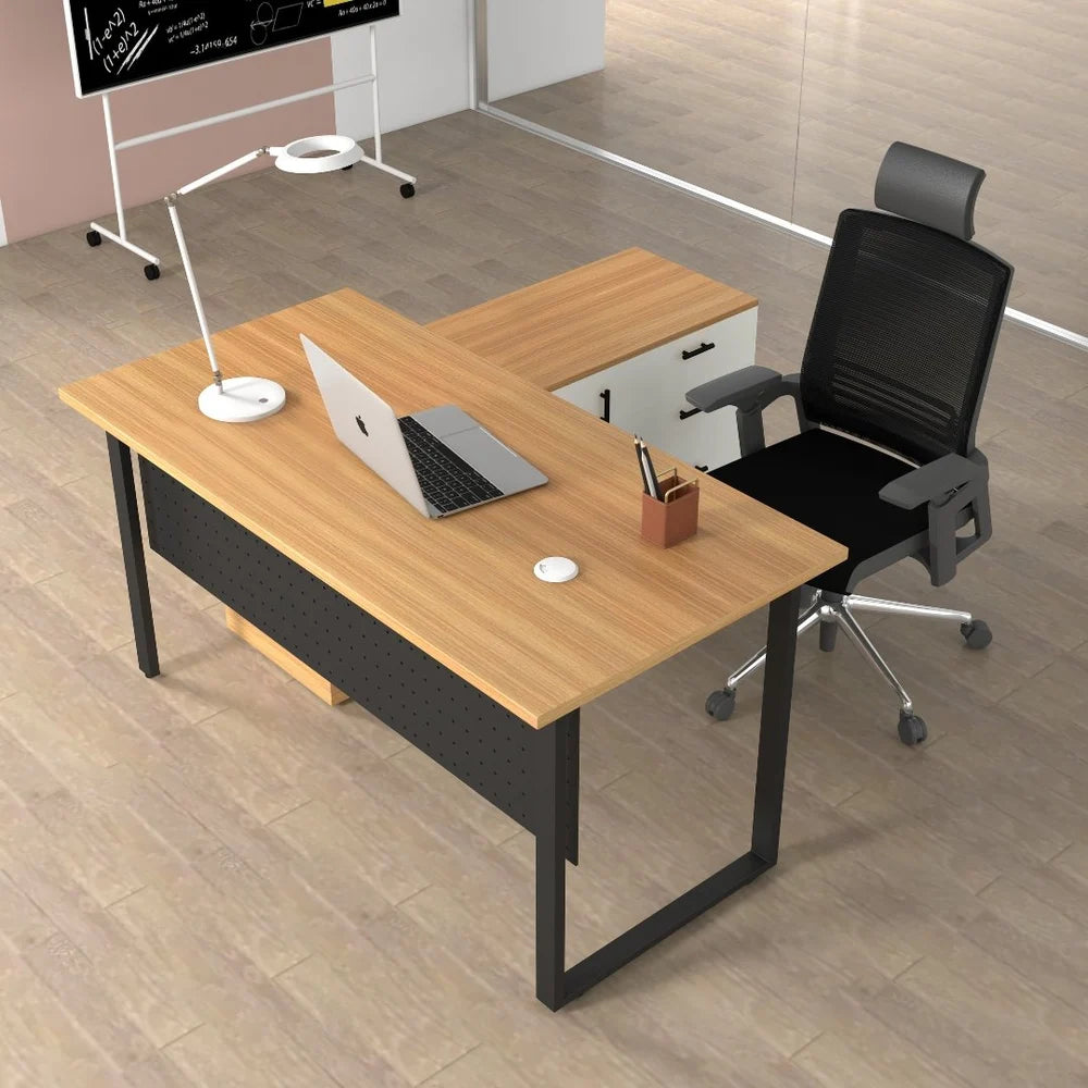 Modern Staff Workstation Desk – Oak & Black Metal Frame | SRK Modular Furniture Co.