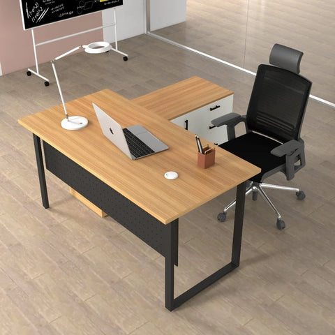 Modern Staff Workstation Desk – Oak & Black Metal Frame | SRK Modular Furniture Co.
