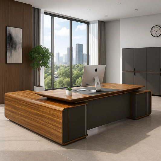 Curved Executive Office Desk – Walnut Woodgrain & Charcoal Finish | SRK Modular Furniture Co.