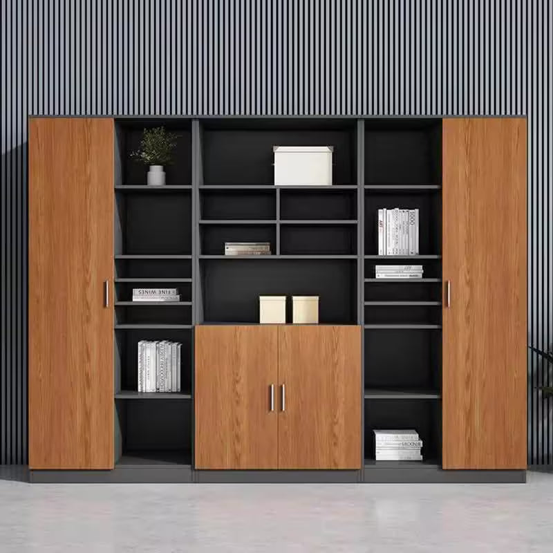 Modern Office Storage Cabinet and Bookshelf with Lockable Doors - Walnut & Grey