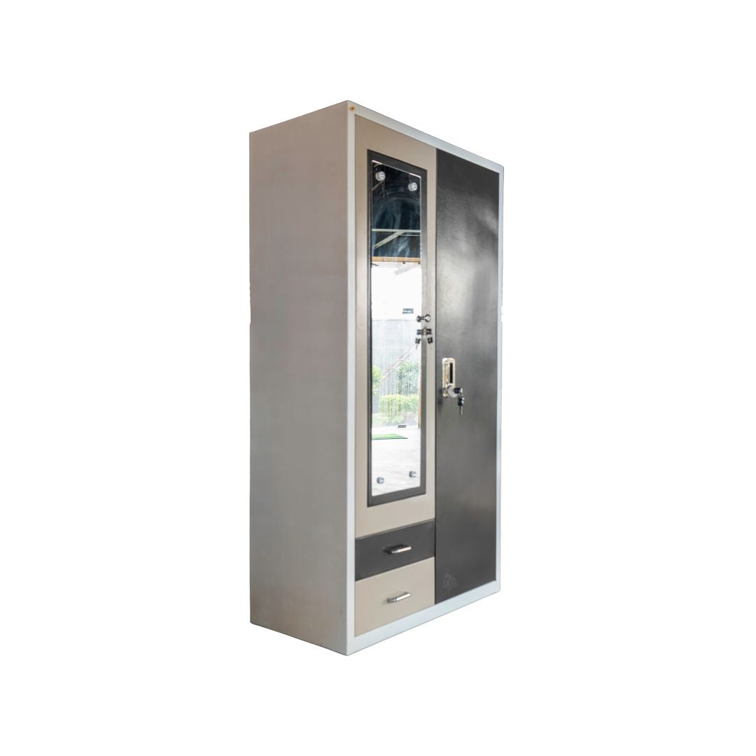 2-Door Metal Almirah with Mirror | Dual-Tone Brown & Beige Steel Locker | SRK Modular Furniture