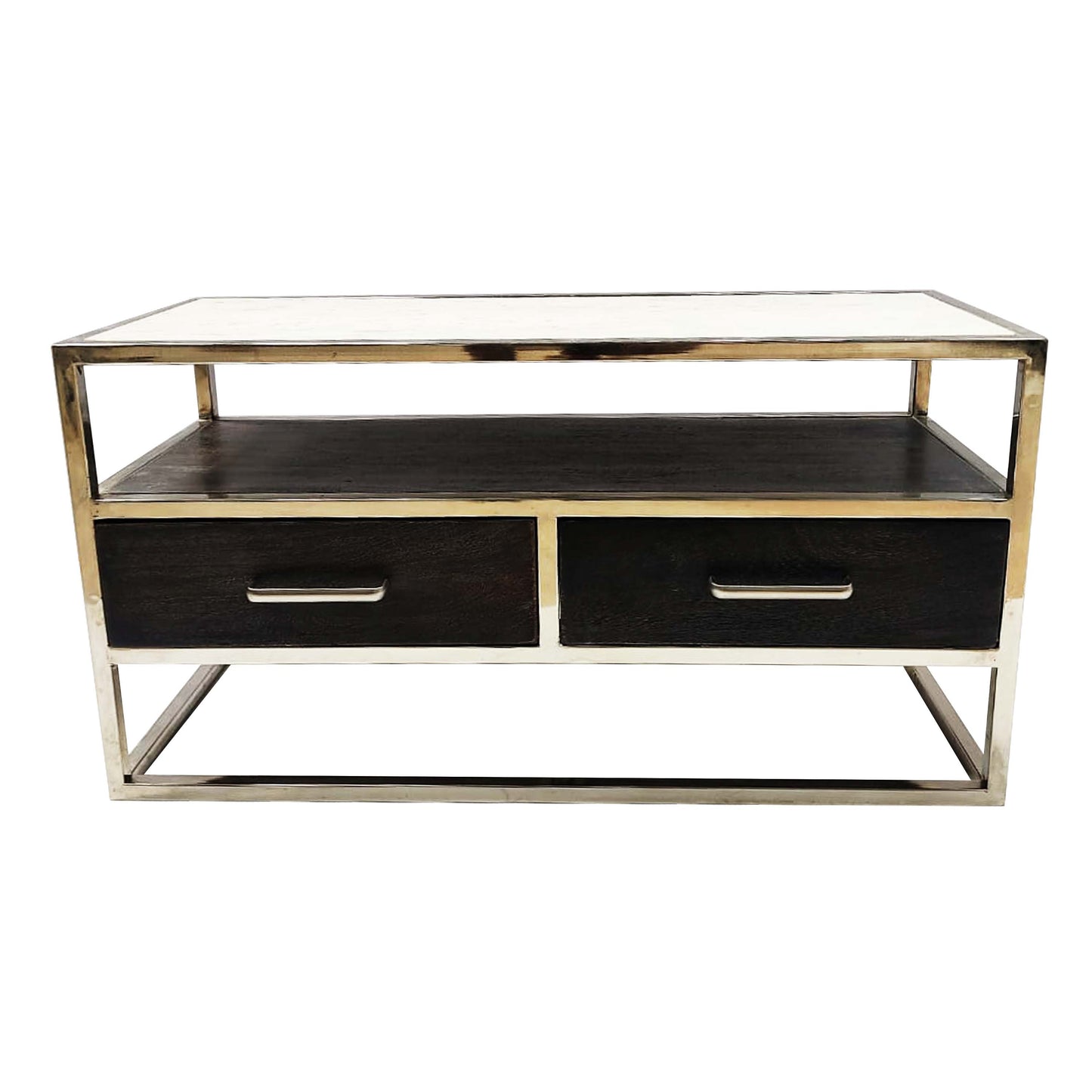 Farm house Coffee table with steel frame marble top silver polish on metal frame