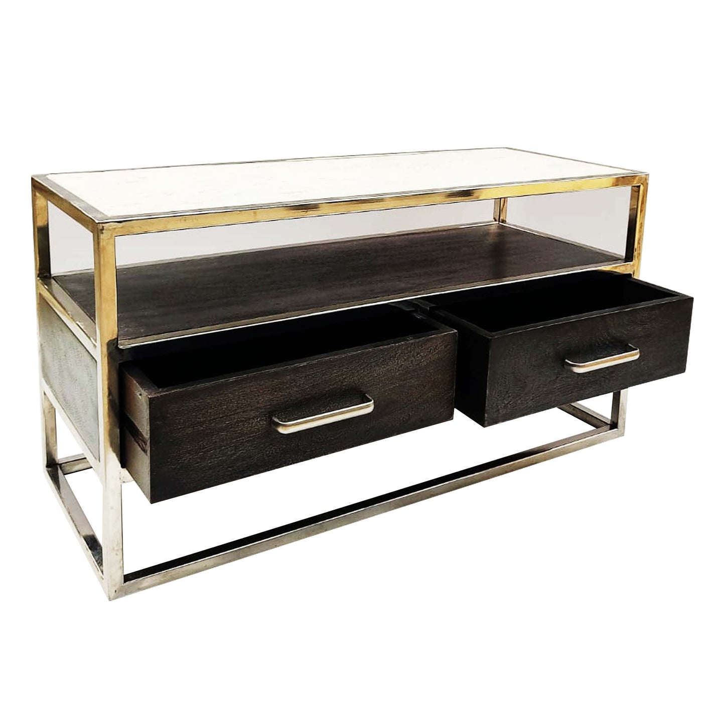 Farm house Coffee table with steel frame marble top silver polish on metal frame