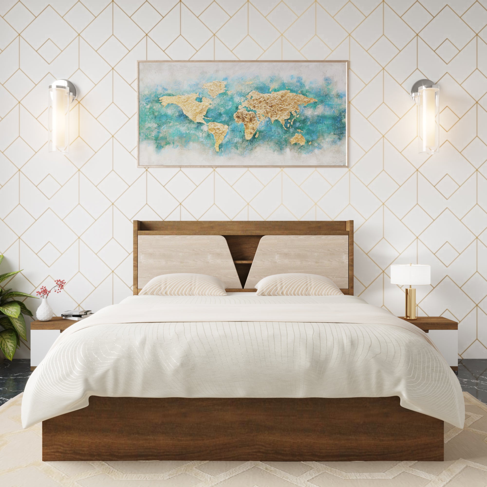 Engineered Wood King Size Bed With Storage Box in Teak Finish