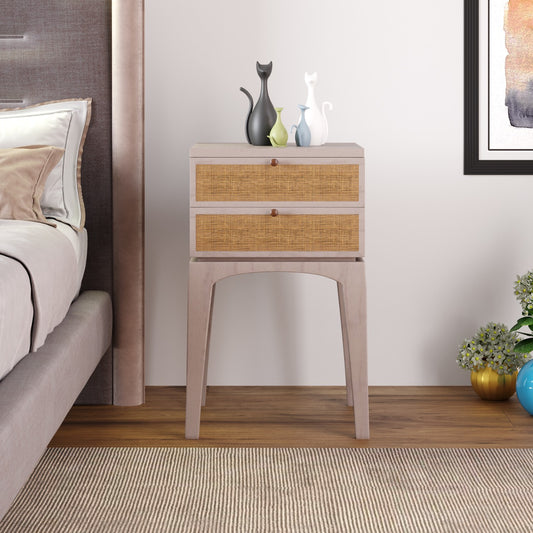 Bed Side Drawer Unit In Solid Wood Bedside Table With Jute Weaving